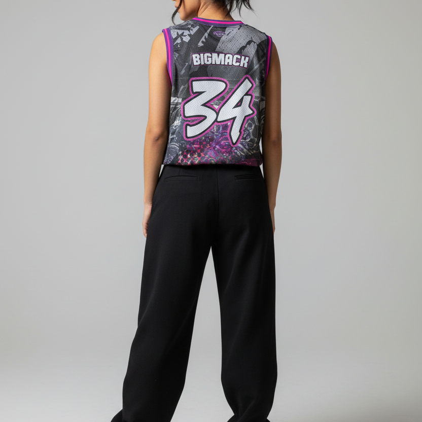 Dark-haired female - grey camo jersey back with 34