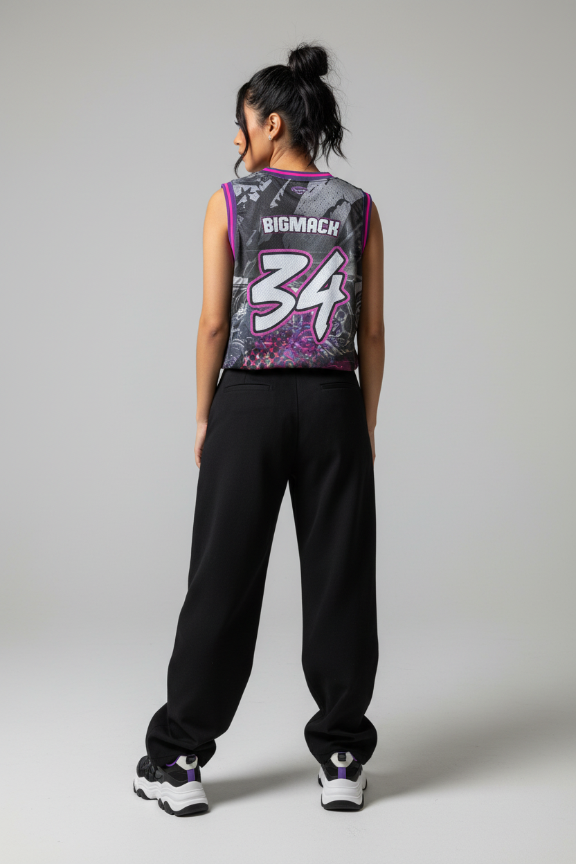Dark-haired female - grey camo jersey back with 34