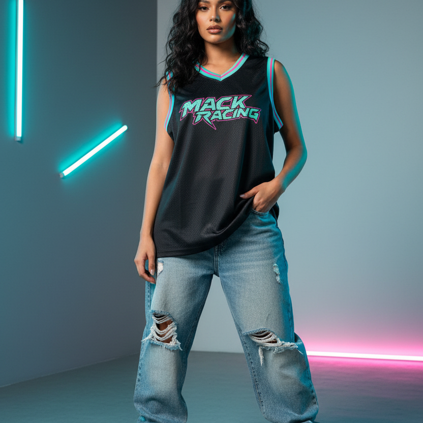 Female model in black MACK RACING jersey - front