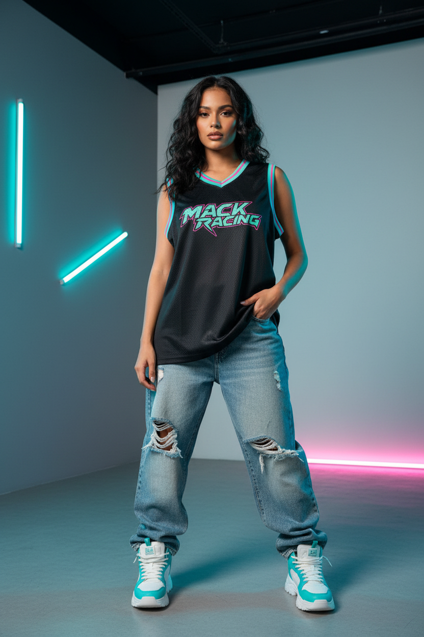 Female model in black MACK RACING jersey - front