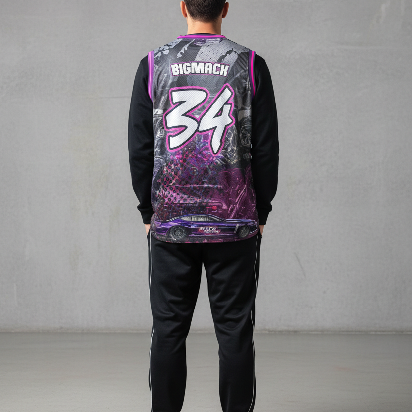 Male model - grey camo jersey BACK showing 34 and purple MACK RACING car at bottom