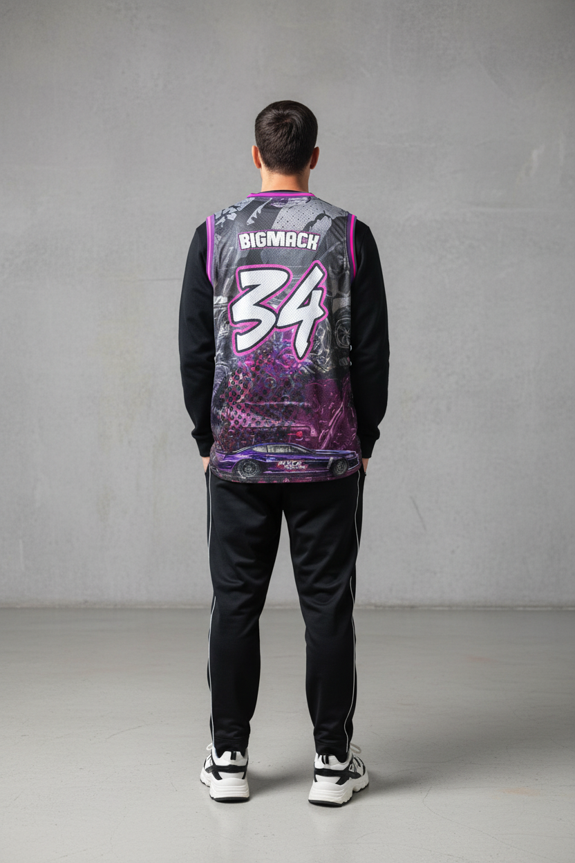 Male model - grey camo jersey BACK showing 34 and purple MACK RACING car at bottom