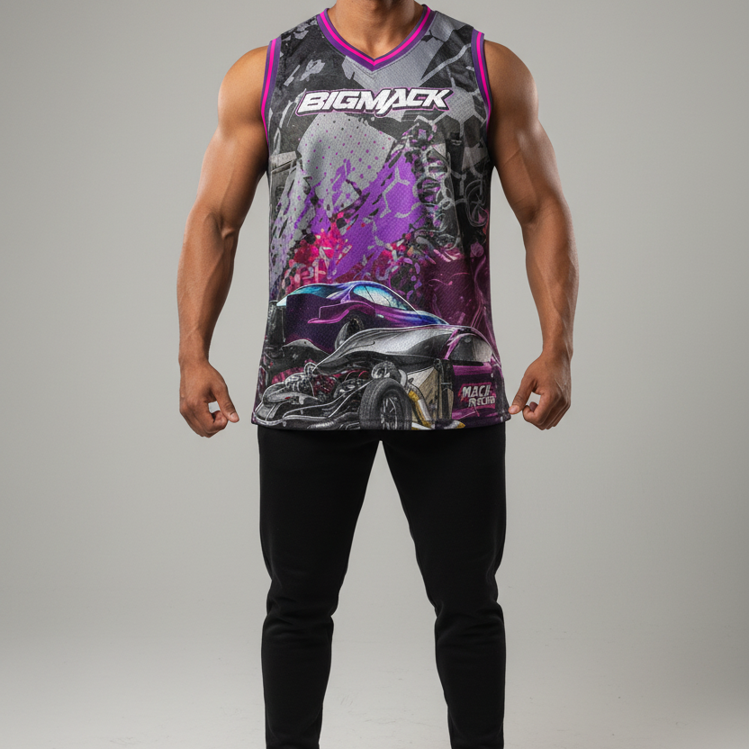 Male model - grey camo jersey FRONT with BIGMACK and race car graphic
