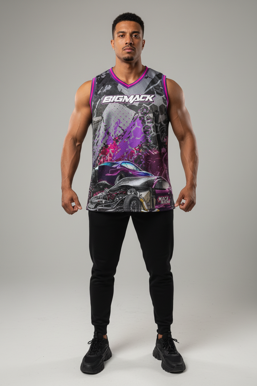 Male model - grey camo jersey FRONT with BIGMACK and race car graphic