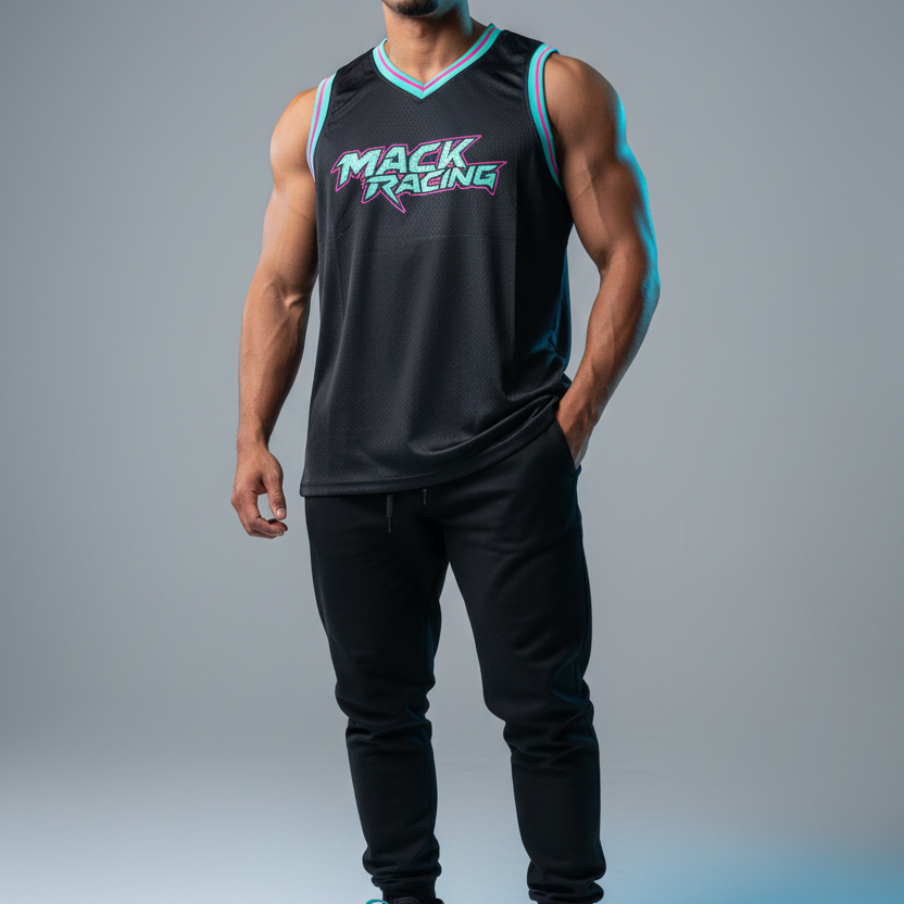 Male model in black MACK RACING jersey - front