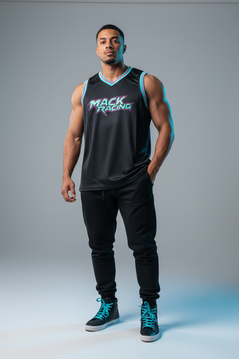 Male model in black MACK RACING jersey - front
