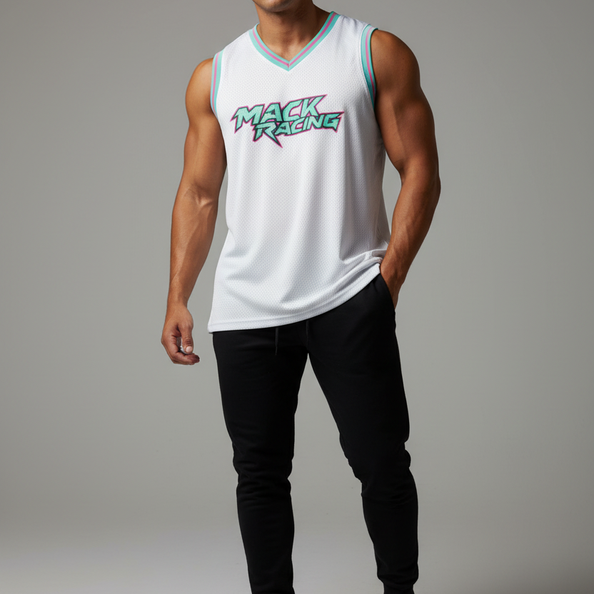 Male model - white jersey front with just MACK RACING text