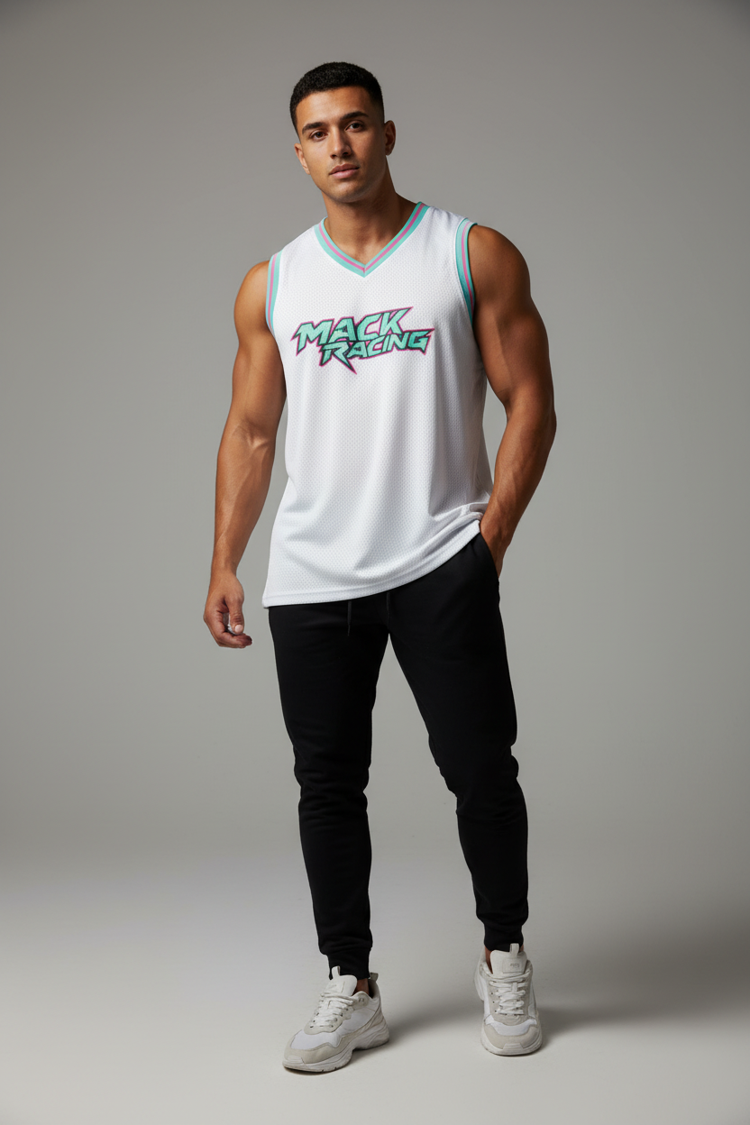 Male model - white jersey front with just MACK RACING text