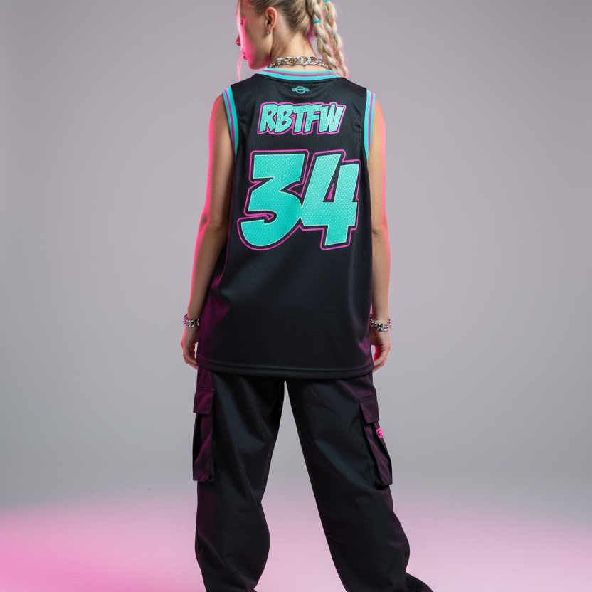 Model in black MACK RACING jersey - back view with 34