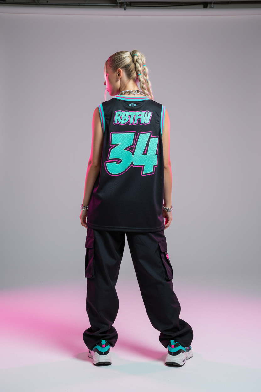 Model in black MACK RACING jersey - back view with 34
